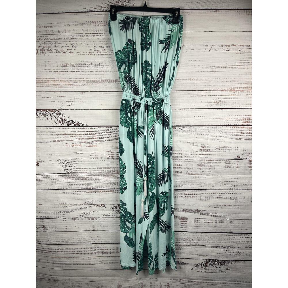 Lani Lau Jumpsuit Women's Small Green Leaf Print Strapless Wide Leg Pockets Boho